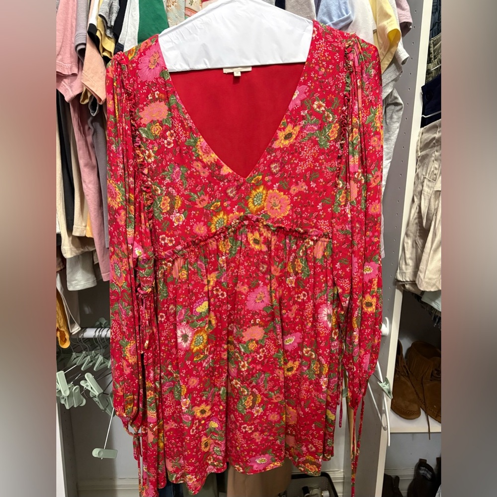 Sézane red floral long sleeve mini dress, size 42